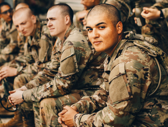 Soldiers in combat uniform sitting in a row